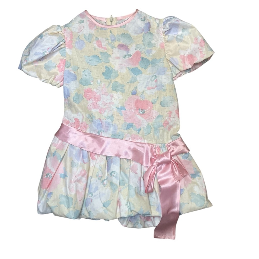 Vintage Bonnie Jean Floral Pastel Dress with satin pink ribbon